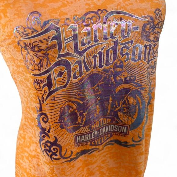 Y2K VTG. Harley Davidson ALL OVER GRAPHIC ORANGE BURN OUT TANK TOP SMALL  #3 - Picture 3 of 8